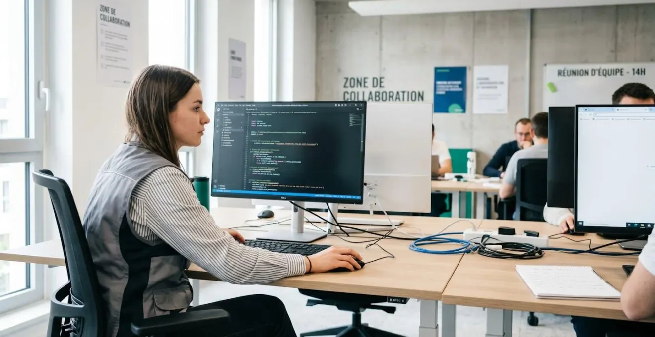 Jeune alternant concentré travaillant sur équipement professionnel dans atelier moderne lumineux en France