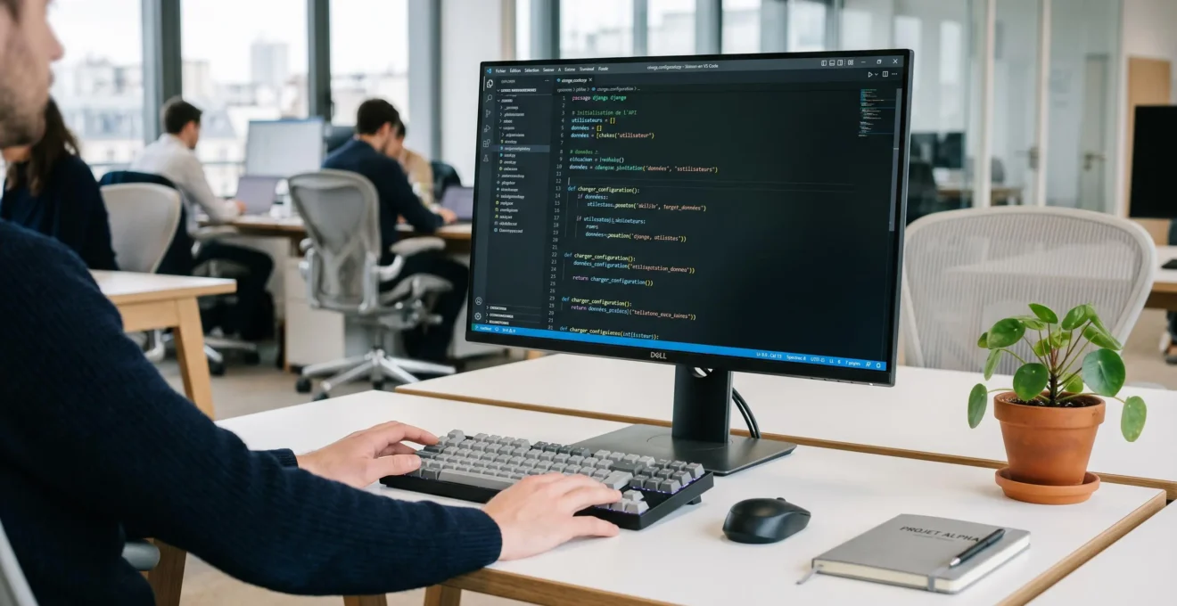 Poste de travail développeur web moderne avec écran affichant code dans open space lumineux en France