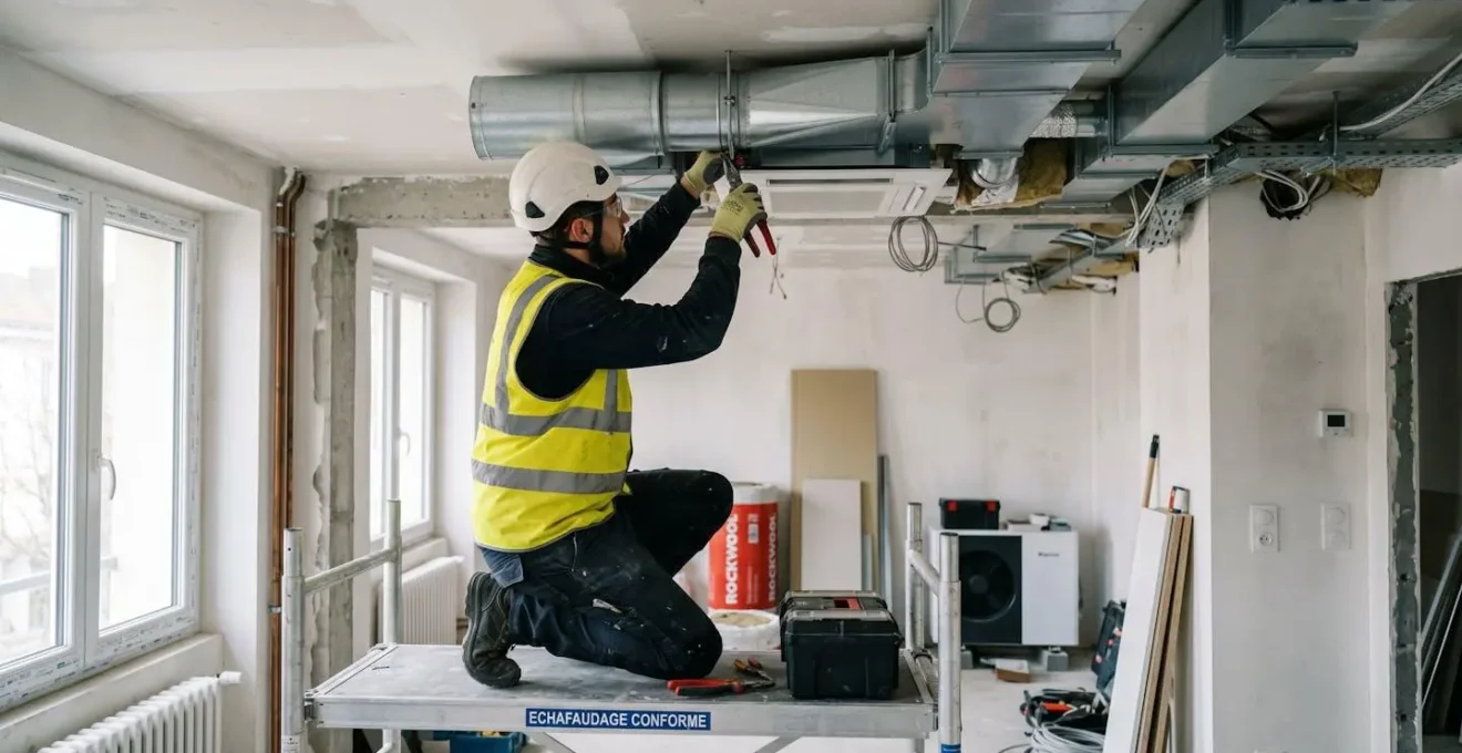 Technicien BTP installant équipement génie climatique moderne sur chantier rénovation énergétique en France