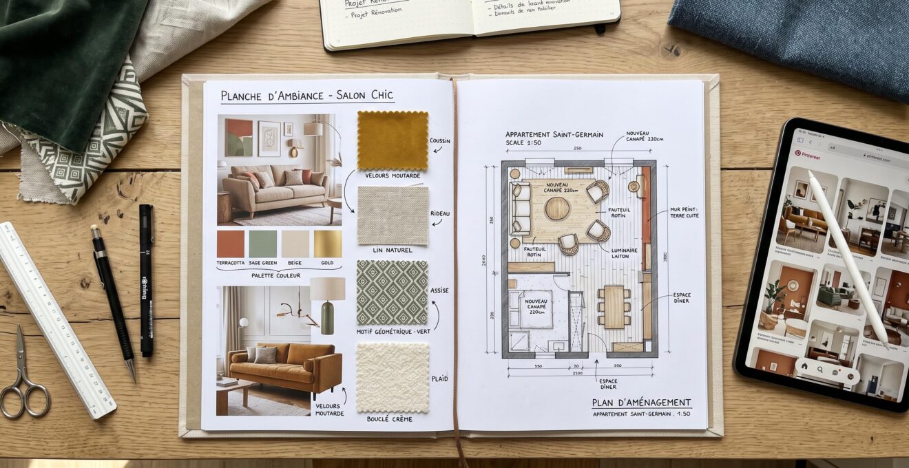 Femme de 35 ans concentrée sur une planche de tendances décoration avec échantillons de tissus, nuanciers et tablette affichant un plan 3D, dans un intérieur lumineux contemporain