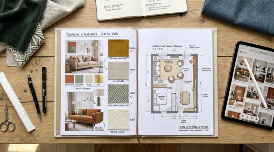 Femme de 35 ans concentrée sur une planche de tendances décoration avec échantillons de tissus, nuanciers et tablette affichant un plan 3D, dans un intérieur lumineux contemporain