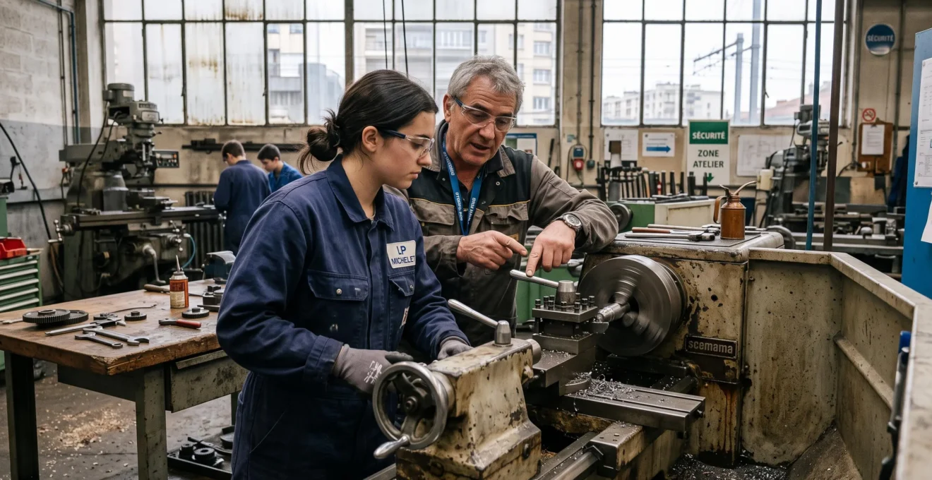 Un apprenti manipule un équipement dans un atelier de centre de formation sous l'œil d'un formateur.