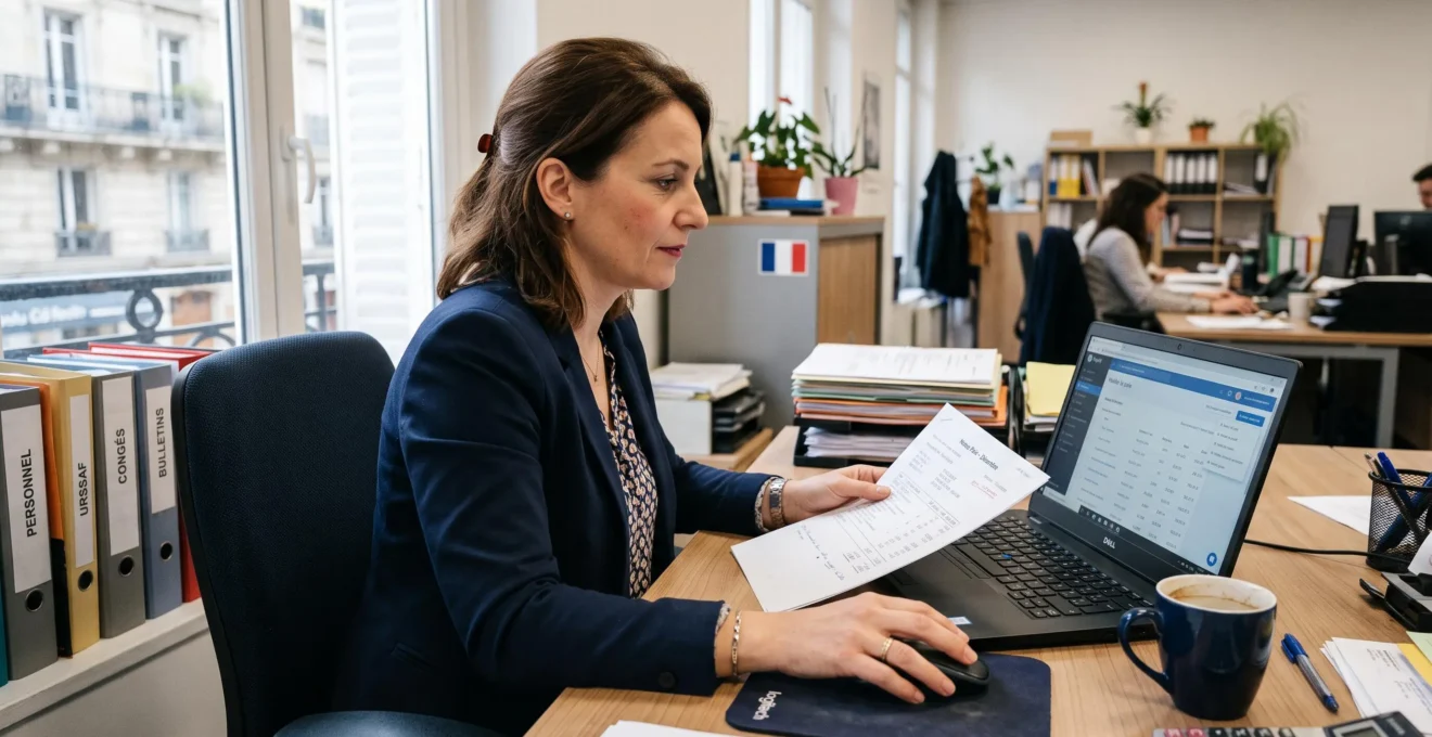 Une gestionnaire de paie flèche le solde de taxe d'apprentissage sur son ordinateur au bureau.