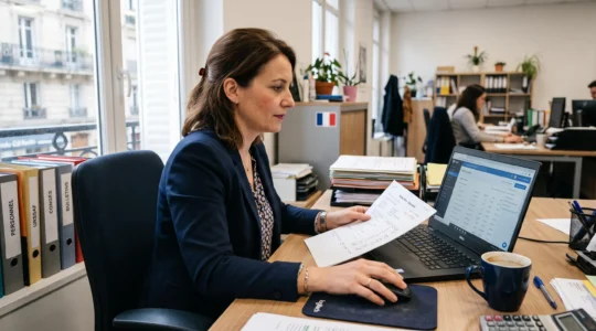 Une gestionnaire de paie flèche le solde de taxe d'apprentissage sur son ordinateur au bureau.
